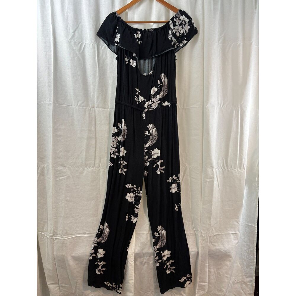 Women's Black Floral Off Shoulder Wide Leg Jumpsuit Size L Ruffle Boho